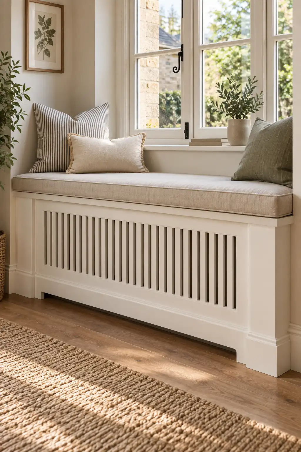 Built-in radiator cover transformed into a cozy window seat with a neutral upholstered cushion, ventilation panels, and decorative pillows.