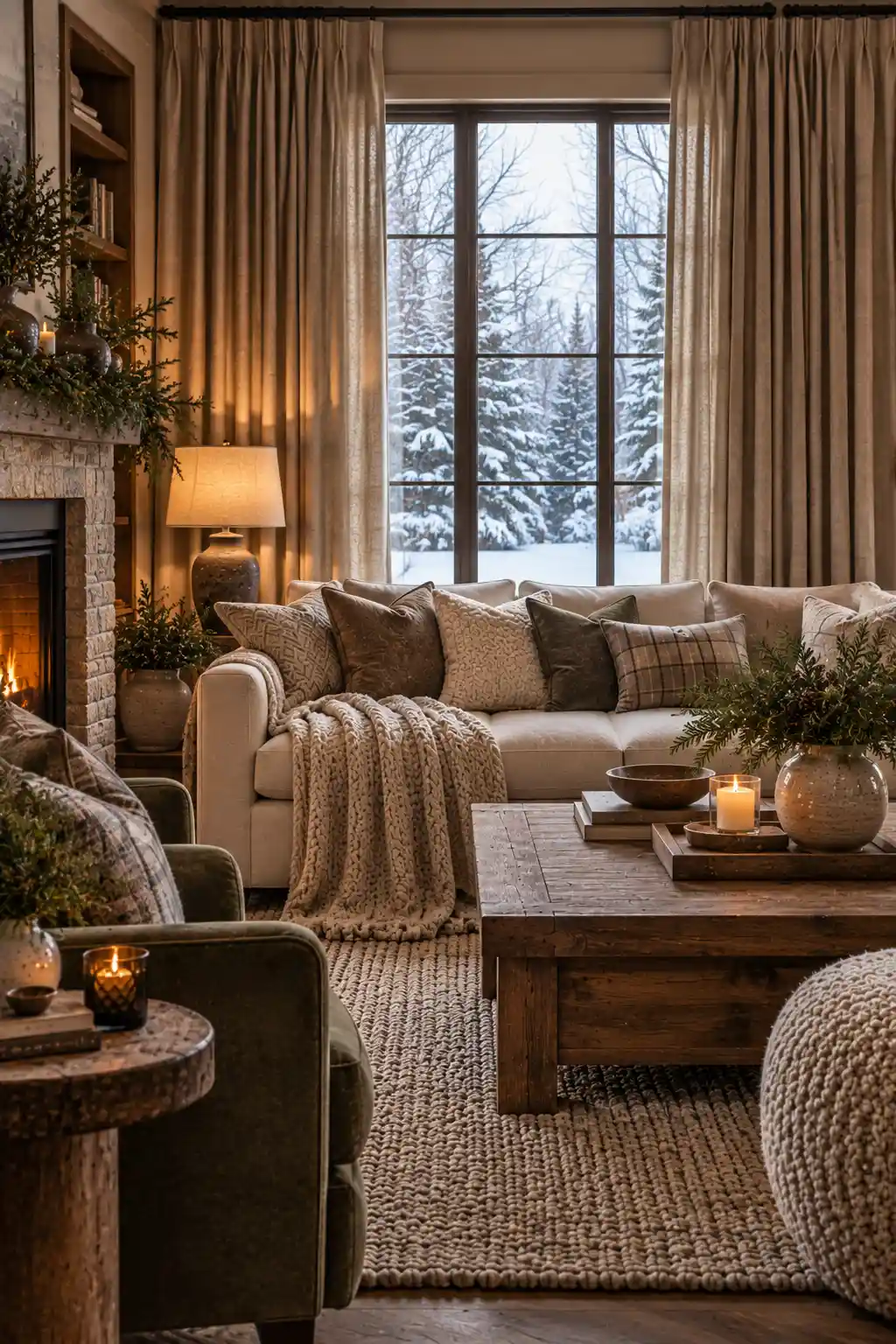 Elegant winter living room with heavy textured neutral curtains framing a large window, paired with a cream sofa, wool rug, cozy throws, wooden furniture, and warm lighting.