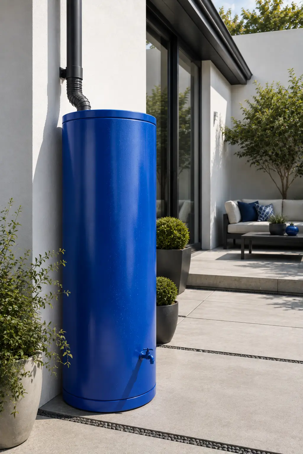 Bold electric-blue designer rain barrel beside a contemporary home, featuring a smooth sculptural finish, modern downspout, minimalist water outlet, concrete landscaping, and carefully coordinated blue and green outdoor accents.