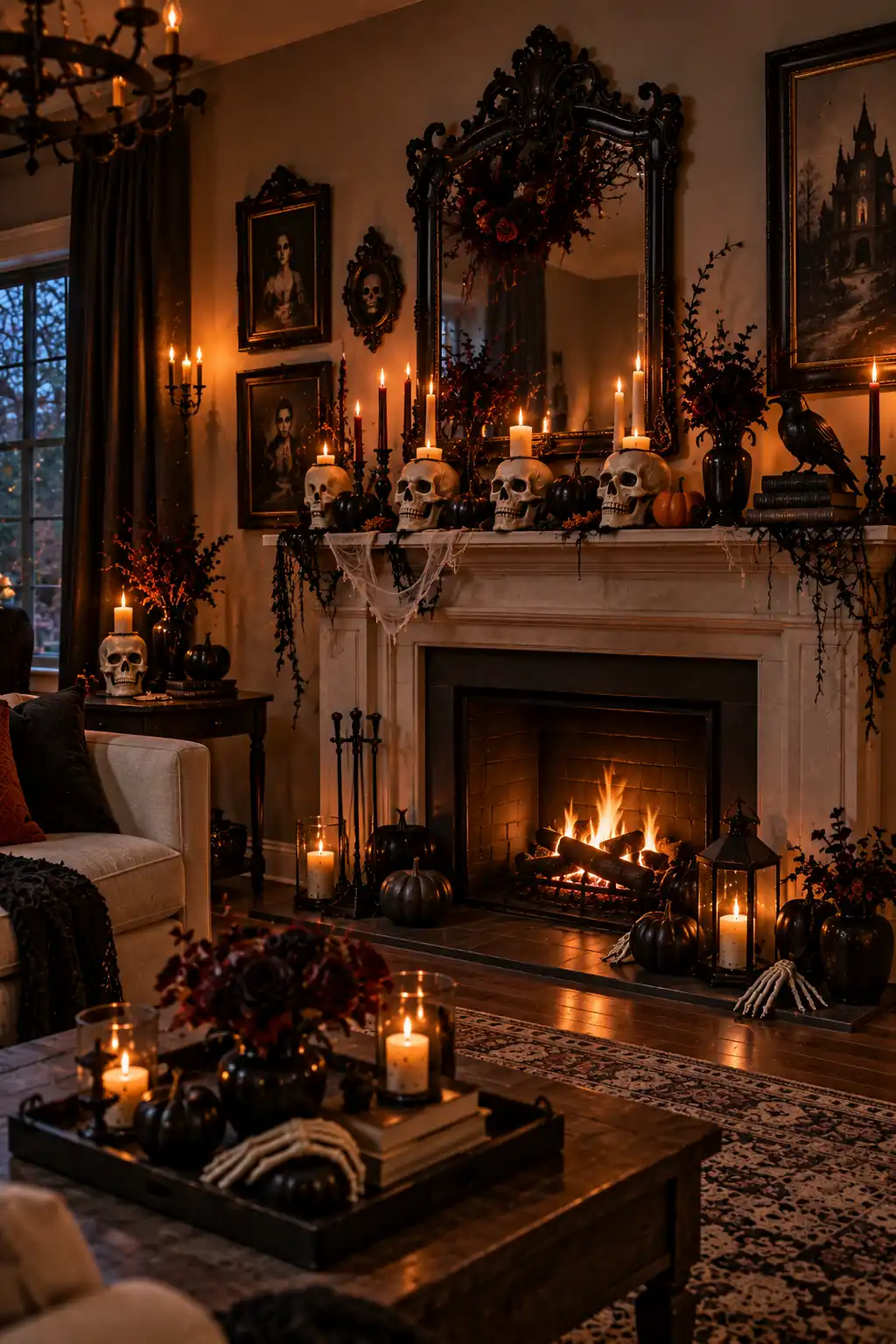 Realistic skull-shaped candle holders with glowing candles arranged across a Halloween fireplace mantel with pumpkins, black roses, and cobwebs.