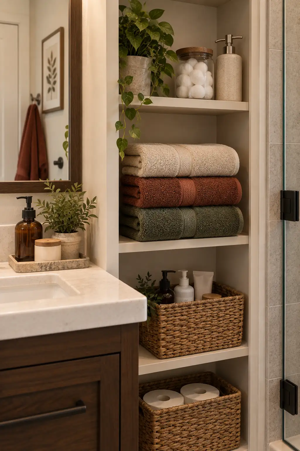 Realistic open bathroom shelf displaying two or three neatly folded cream, beige, rust, and olive towels beside simple storage baskets and everyday bathroom essentials.