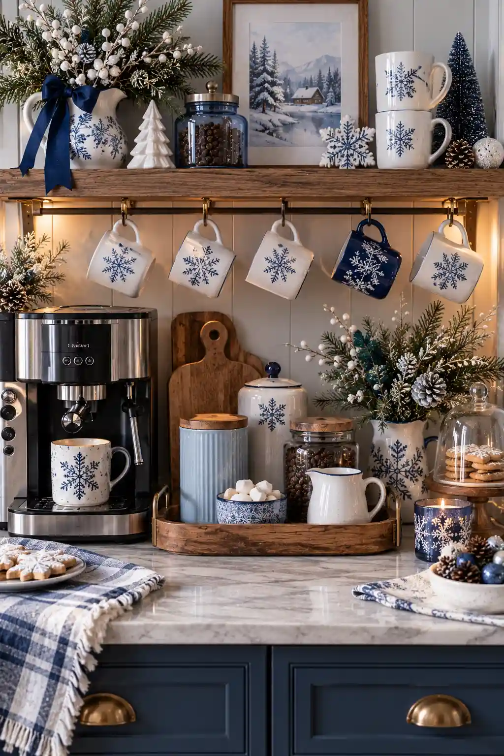 Blue and white winter coffee bar featuring white ceramic mugs, pale blue and navy accents, frosted winter branches, subtle snowflake decorations, wooden tray, coffee maker, and evergreen details.