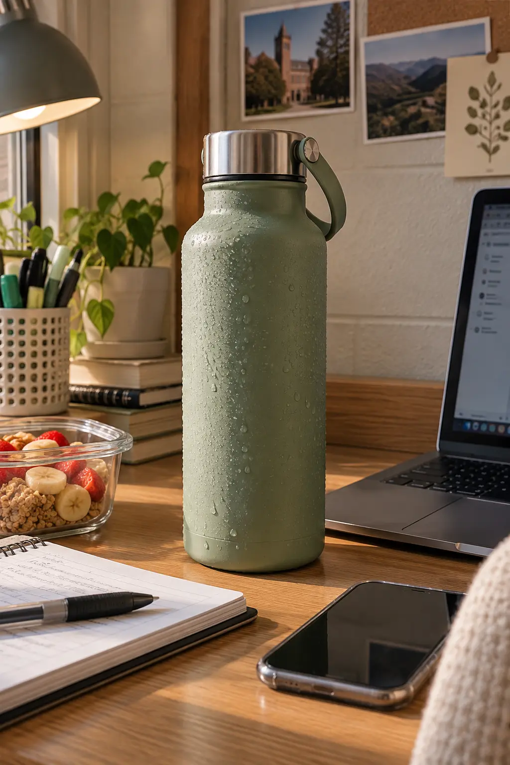 Reusable insulated water bottle sitting on a college dorm desk beside a laptop, notebook, phone, and study supplies for convenient hydration throughout the day.