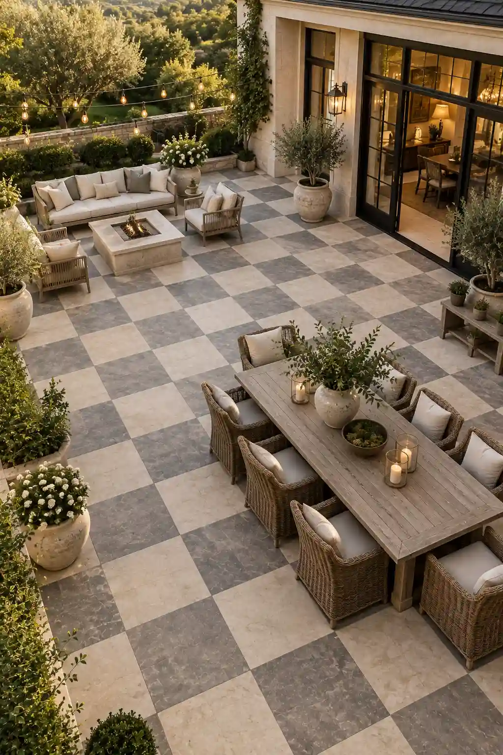 Elegant outdoor patio with alternating neutral natural stone pavers arranged in a checkerboard pattern, surrounded by outdoor lounge furniture, planters, greenery, and warm string lights.