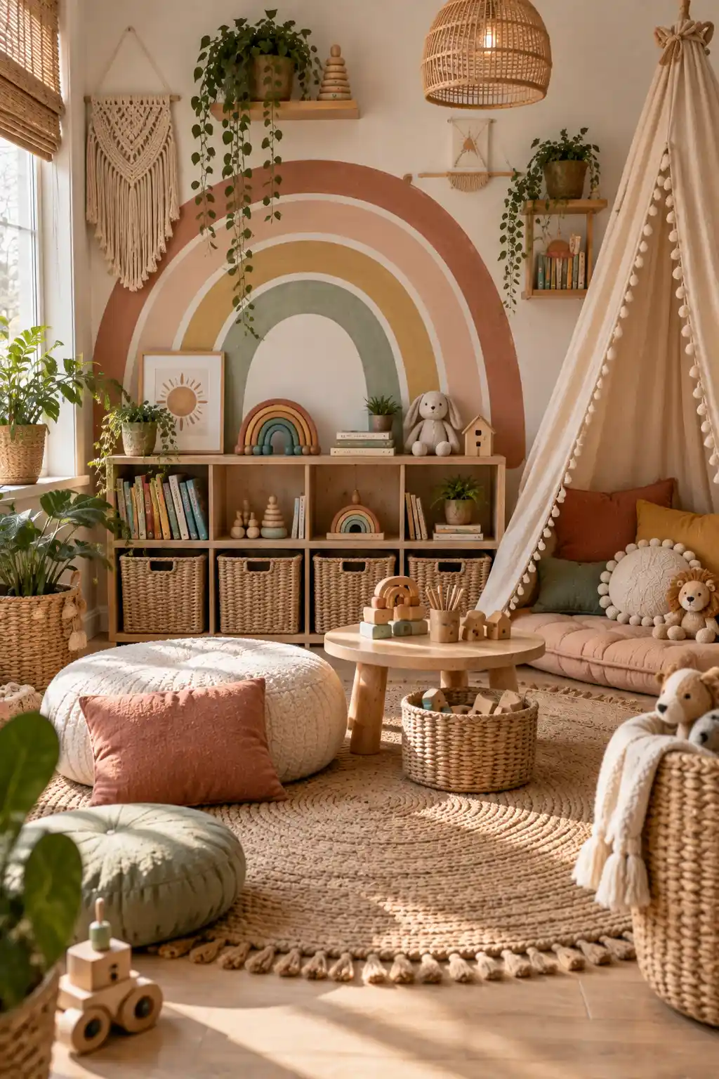 Boho rainbow kids' playroom with woven baskets, macramé wall decor, muted rainbow artwork, natural wood shelving, floor cushions, wooden toys, and warm neutral colors.
