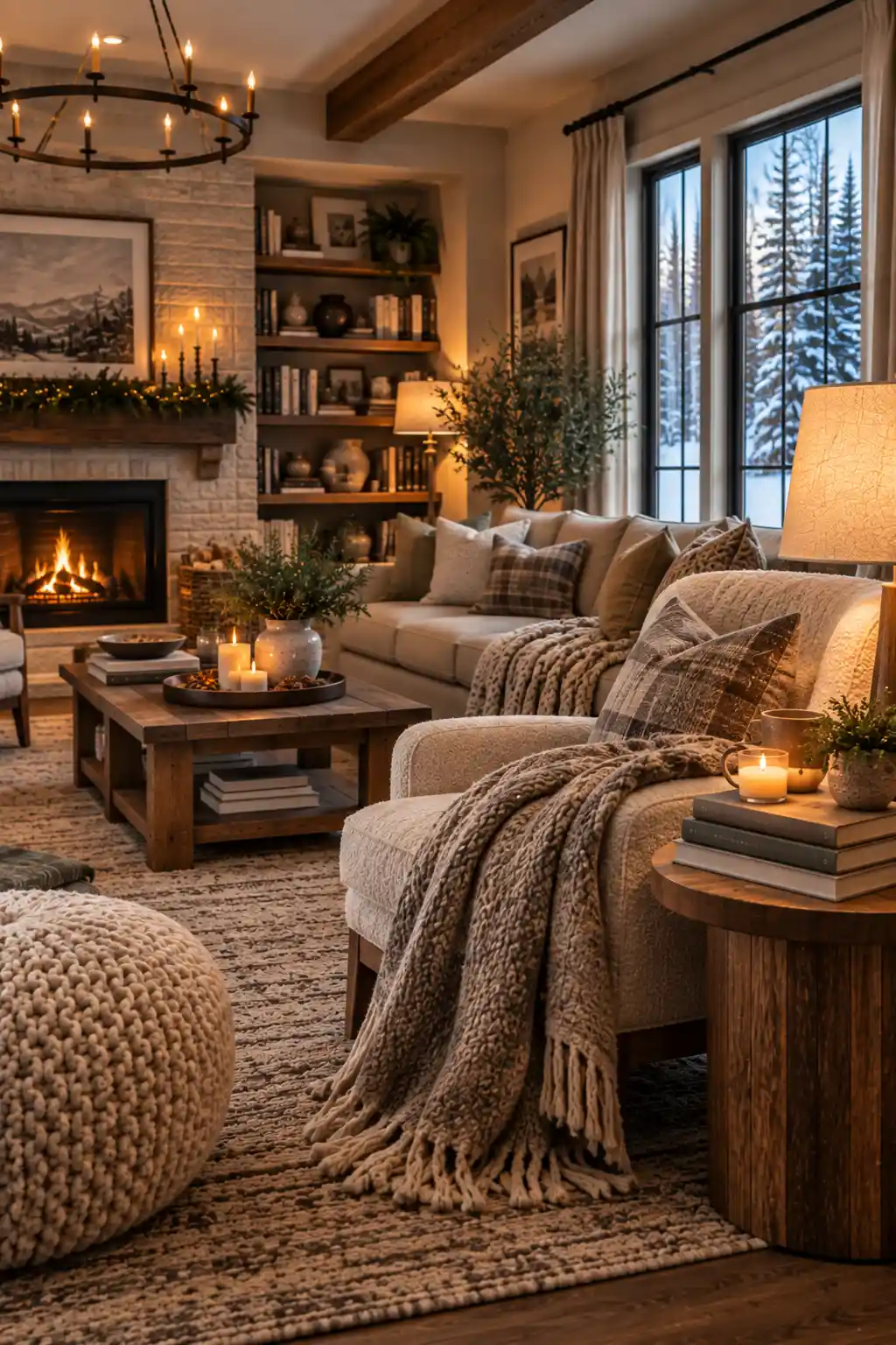 Cozy winter living room reading corner with an upholstered accent chair, soft wool blanket, stack of hardcover books, warm table lamp, textured rug, and inviting neutral decor.