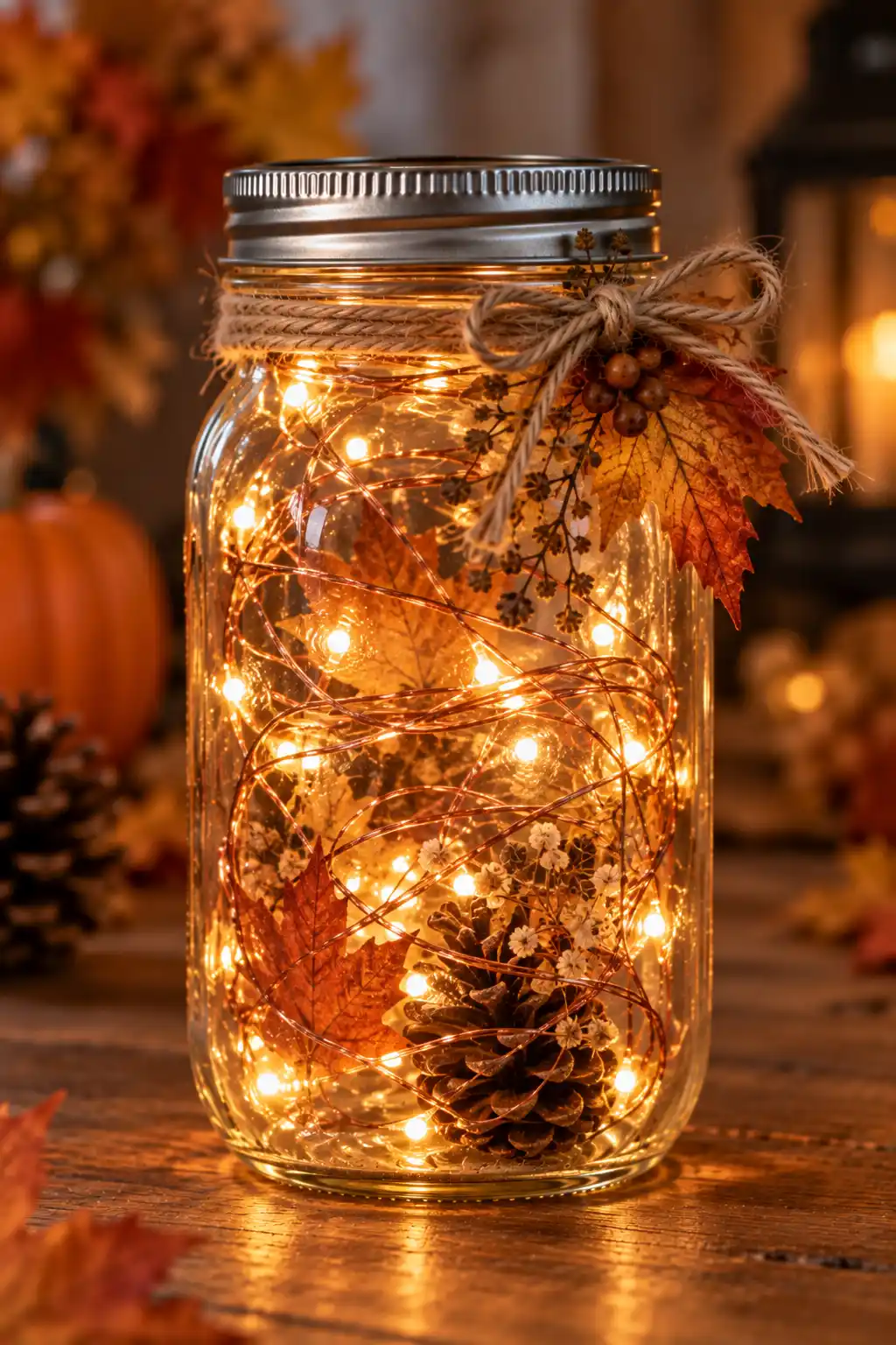 Transparent Mason jar filled with warm fairy lights and visible copper wire, creating a glowing whimsical fall lantern decoration.