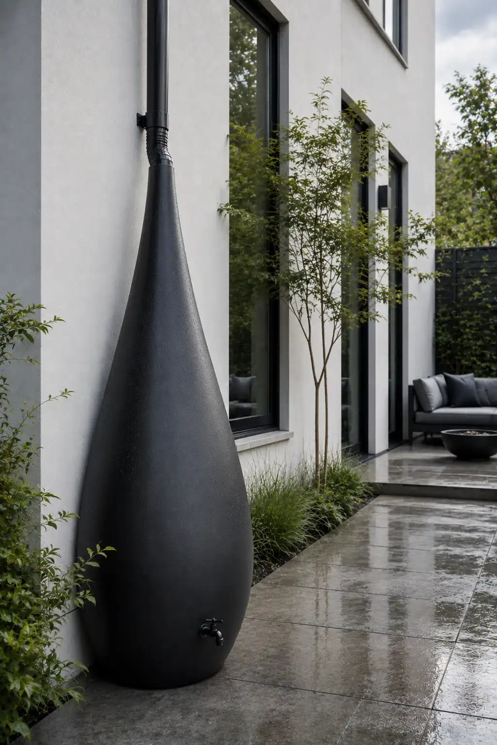 Sculptural contemporary rain barrel inspired by a falling raindrop, featuring a tall teardrop silhouette, smooth deep graphite finish, concealed rainwater inlet, minimalist outlet, and modern landscaping beside a contemporary home.