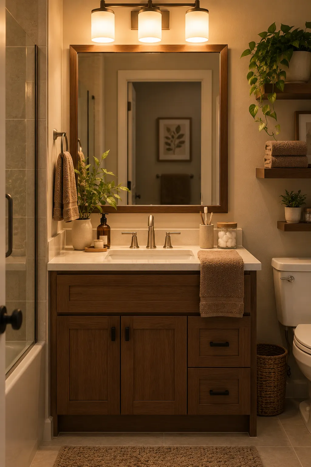 Realistic contemporary bathroom illuminated with warm white vanity lighting, showing a ceramic sink, mirror, warm-toned towel, soap dispenser, and softly glowing interior.