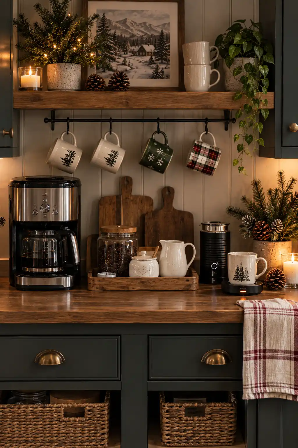Clean and organized winter coffee bar with only daily-use items visible, including a compact coffee maker, ceramic mugs, wooden tray, coffee canister, sugar container, milk pitcher, and subtle evergreen decor.