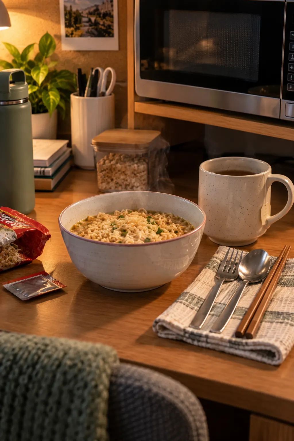 Microwave-safe bowl with noodles, reusable mug, fork, spoon, and chopsticks arranged on a compact college dorm food-prep surface for easy late-night meals.