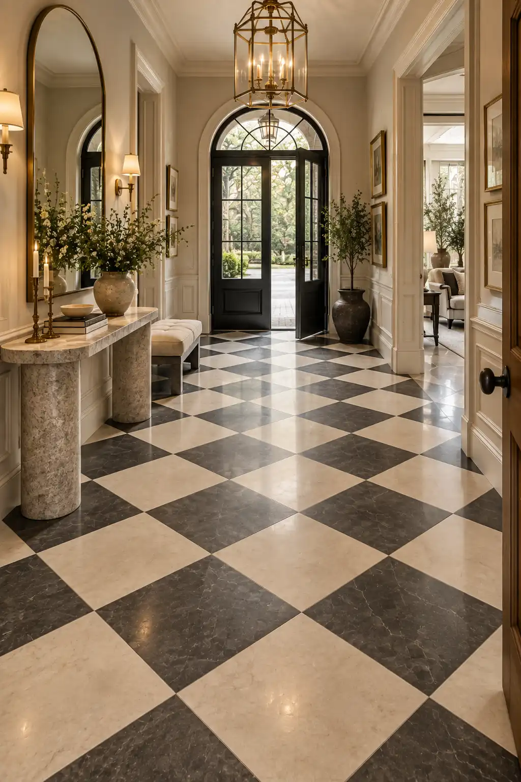 Sophisticated foyer with an ivory and charcoal checkerboard floor, sculptural console table, statement pendant light, elegant mirror, warm neutral walls, and natural wood architectural details.