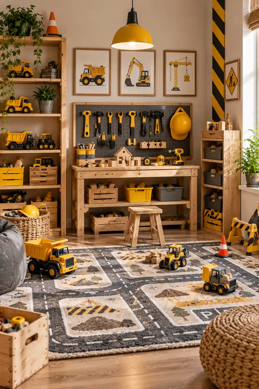 Construction-themed children's playroom with a wooden toy workbench, child-sized tools, road-pattern play rug, toy construction vehicles, wooden storage crates, and yellow accents.