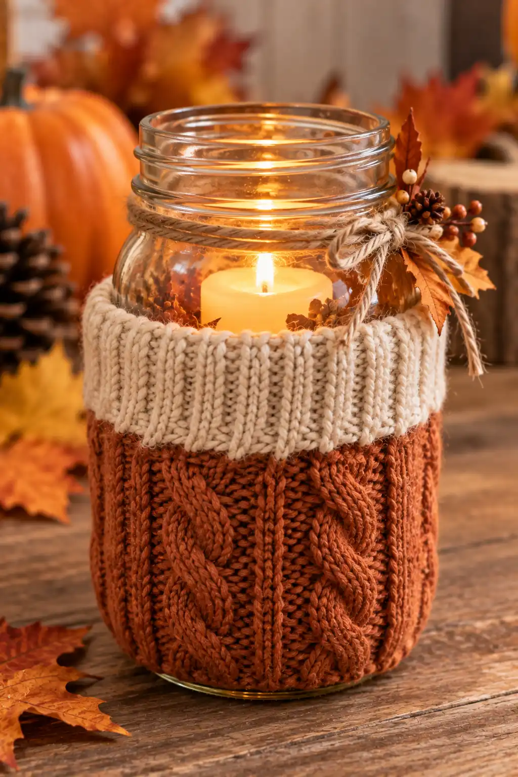 Mason jar wrapped with a cozy cream and rust-colored knitted sweater sleeve and styled with a warm fall candle and natural accents.