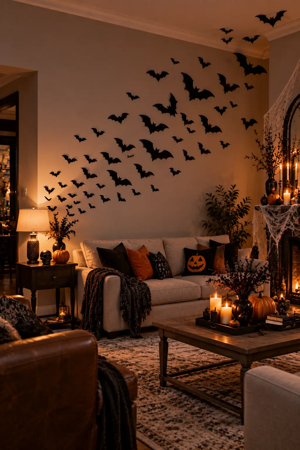 Modern living room feature wall decorated with removable black bat decals flying upward in formation above a sofa and Halloween decorations.
