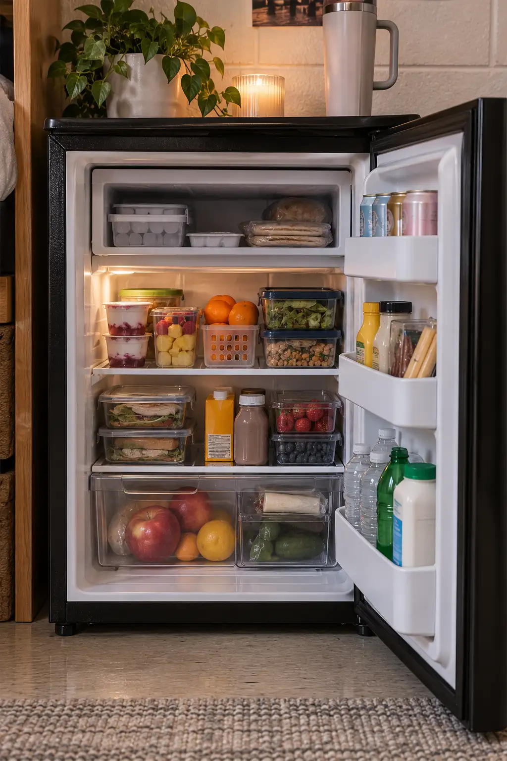 Compact college dorm mini fridge with the door open and organized shelves containing bottled water, yogurt, fruit, sandwiches, leftovers, snacks, and drinks for two roommates.
