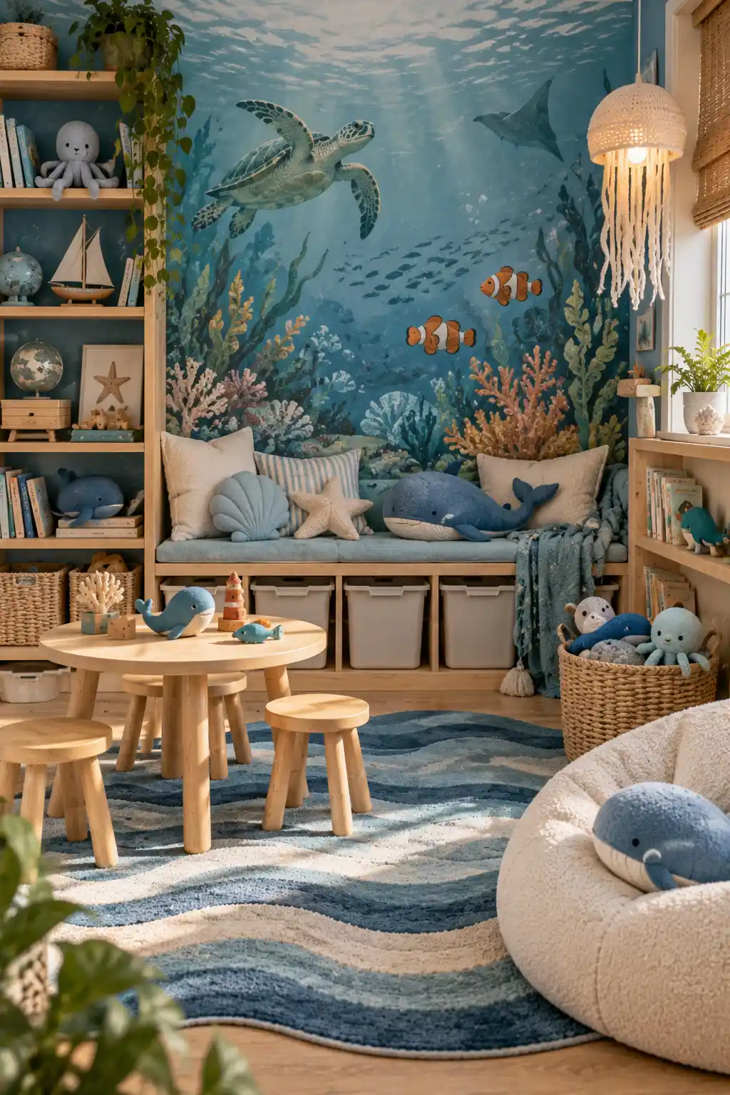 Underwater-themed children's playroom with an ocean mural, colorful fish, coral and seaweed details, blue wave-shaped rug, fish-shaped cushions, books, and natural wood storage.