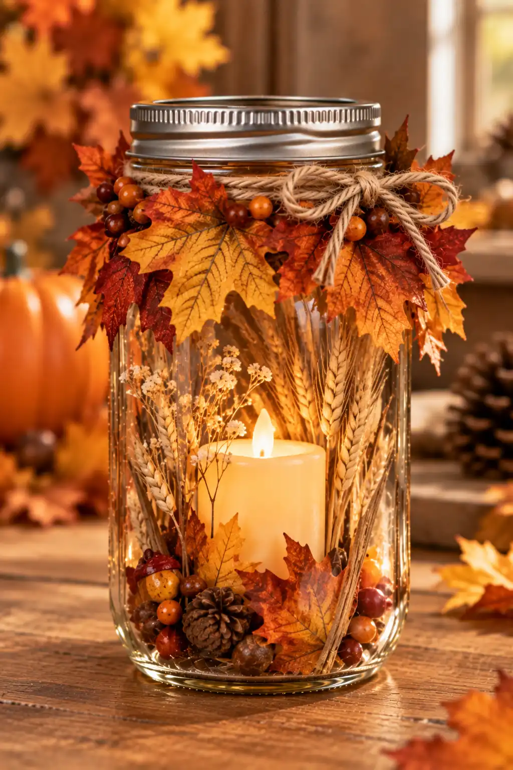 Clear Mason jar decorated around the neck with small orange, red, and golden maple leaves and styled with natural fall accents.