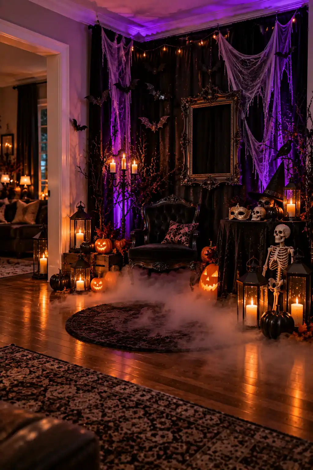 Indoor Halloween photo booth corner with black curtains, low fog, glowing pumpkins, string lights, hanging bats, cobwebs, and spooky party props.