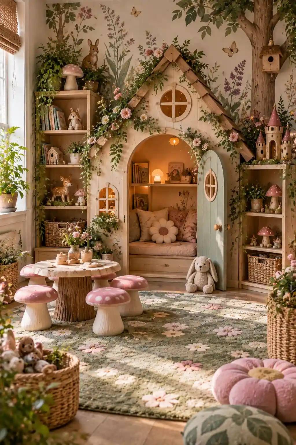 Fairy garden children's playroom with floral wallpaper, a miniature fairy house, mushroom-shaped stools, woven baskets, botanical decorations, soft pastel colors, and whimsical woodland details.