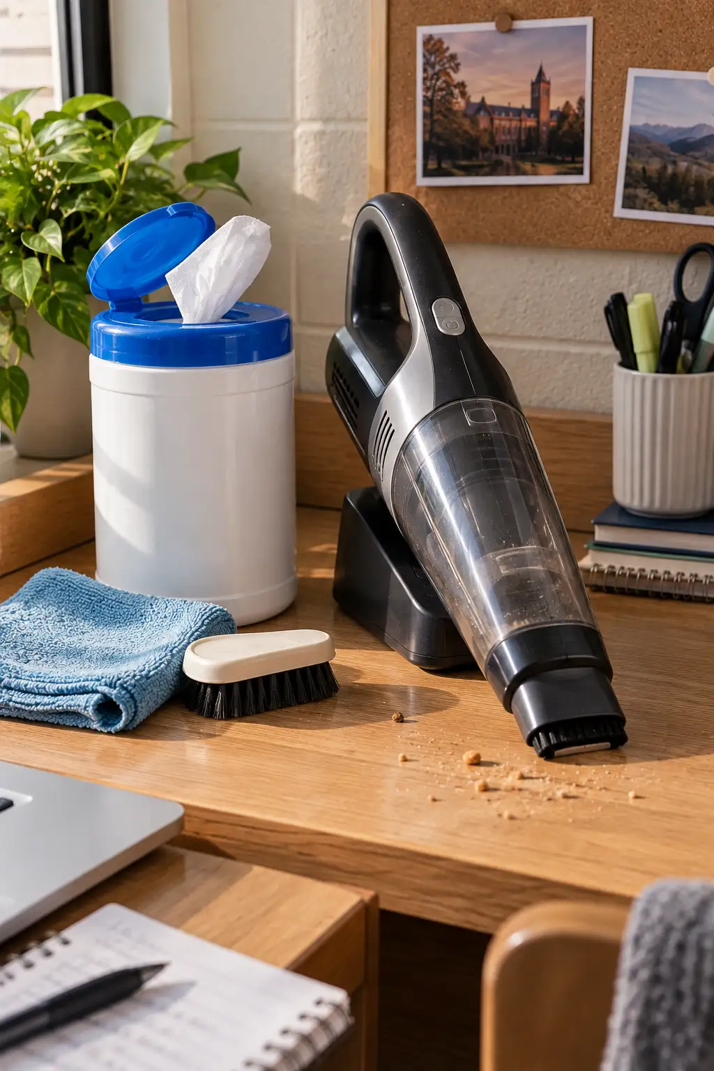 Compact handheld vacuum and container of disinfecting wipes arranged beside a college dorm desk with cleaning cloth and everyday student supplies for quick cleanup.