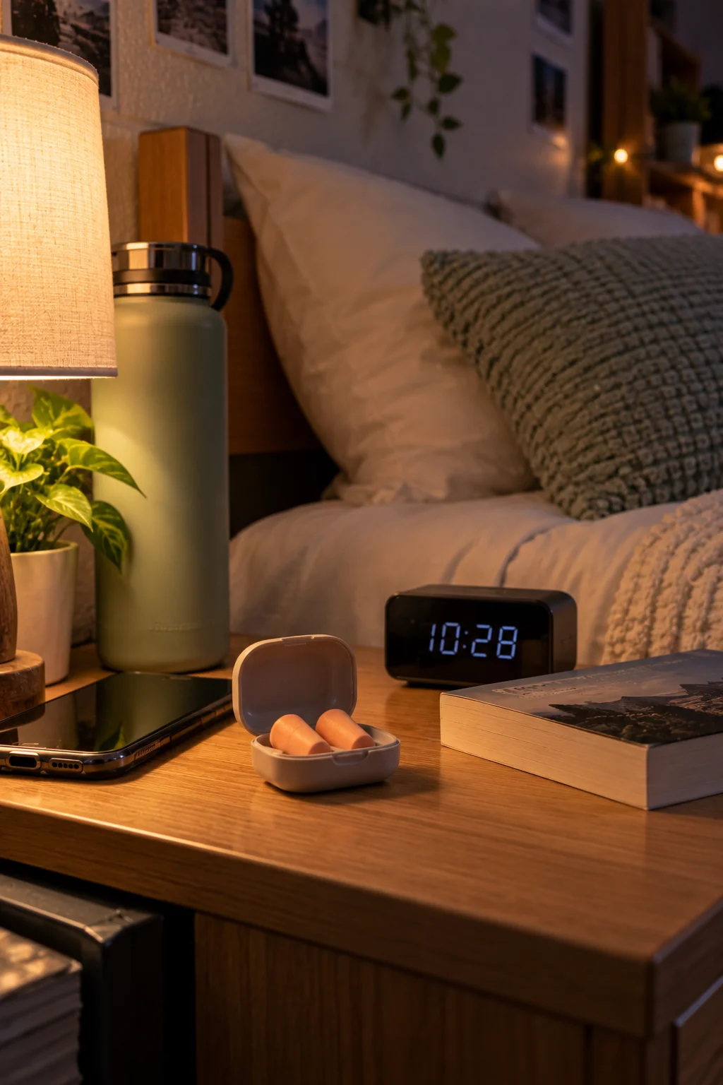 Reusable earplug case with soft earplugs on a college dorm bedside table beside an alarm clock, phone, book, and water bottle for a quieter night's sleep.