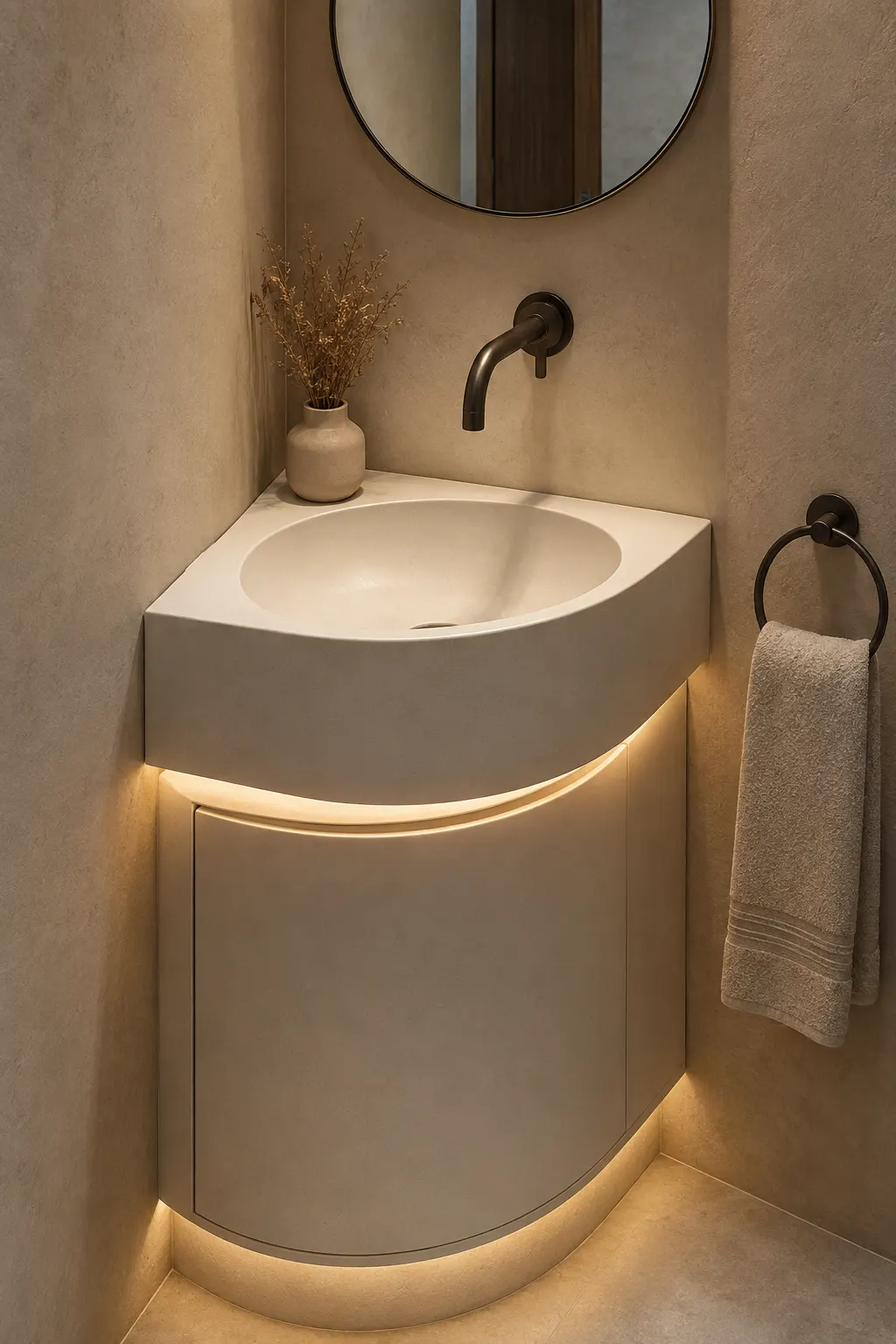 Small bathroom with a sculptural curved corner basin, rounded ceramic sink, minimalist faucet, circular mirror, and warm neutral wall finishes.
