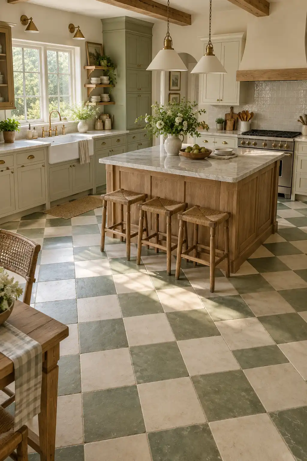 Soft sage green and warm ivory checkerboard tile floor in a charming cottage kitchen with oak cabinetry, brass hardware, woven baskets, farmhouse-style details, and natural morning light.