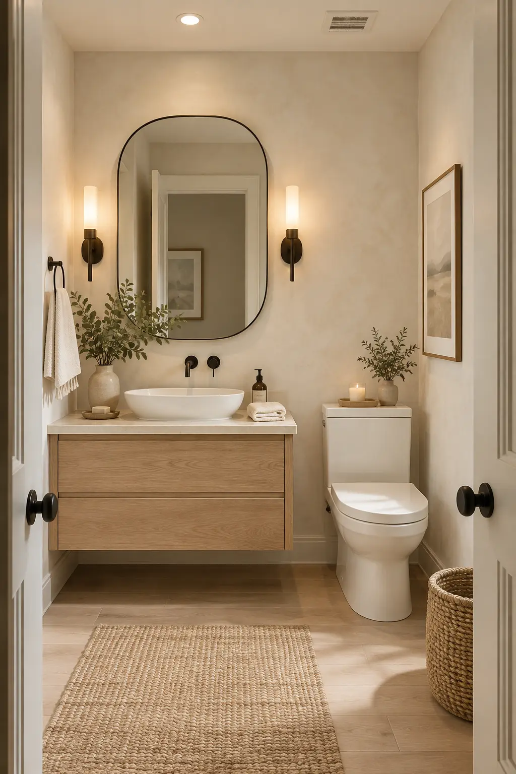 Soft Scandinavian powder room featuring a pale oak floating vanity, creamy textured walls, matte black hardware, rounded mirror, warm lighting, light stone flooring, and minimalist décor.