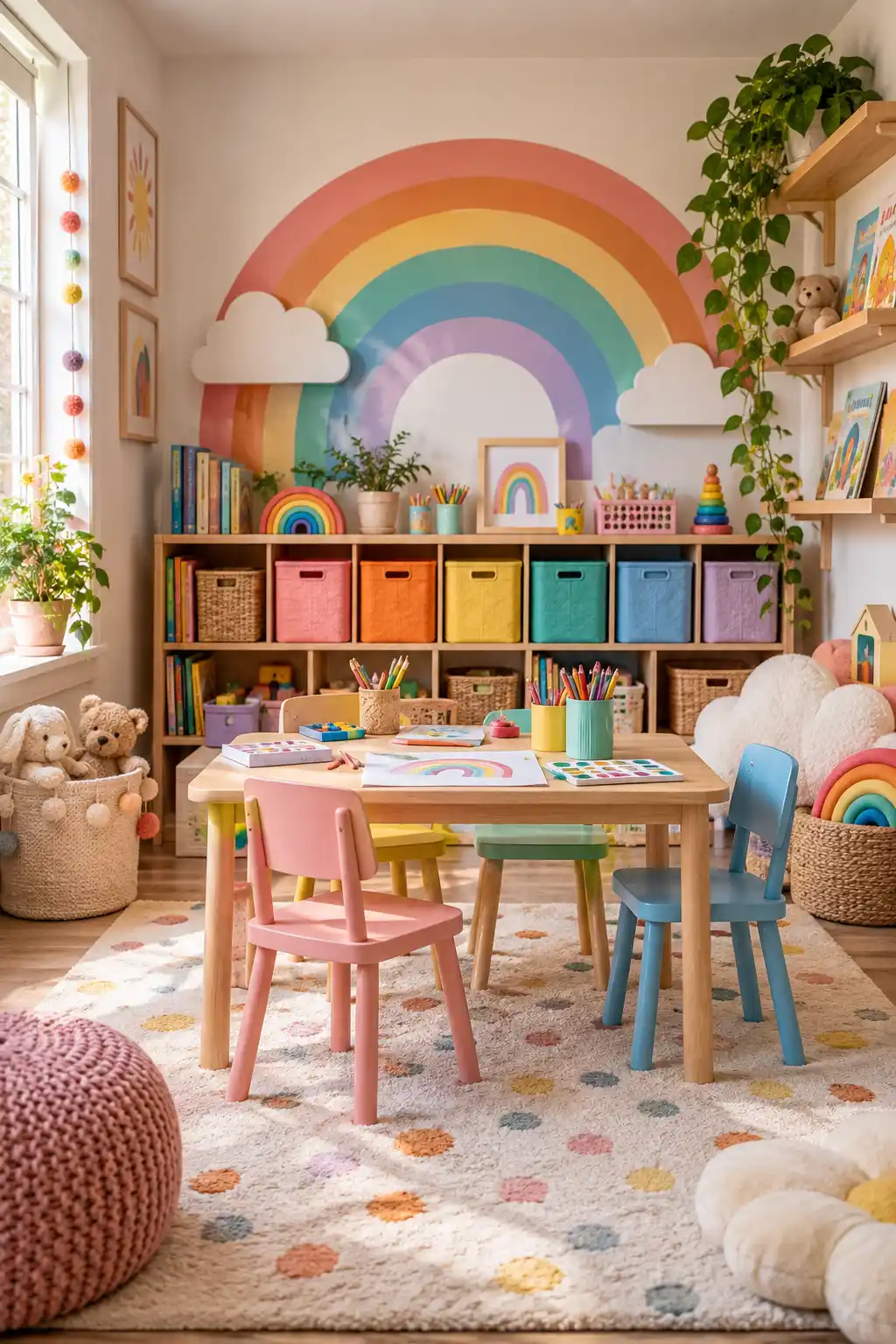Colorful rainbow playroom corner for kids with a low wooden craft table, pastel shelving, cloud-shaped cushions, rainbow decor, children's toys, and organized art supplies.