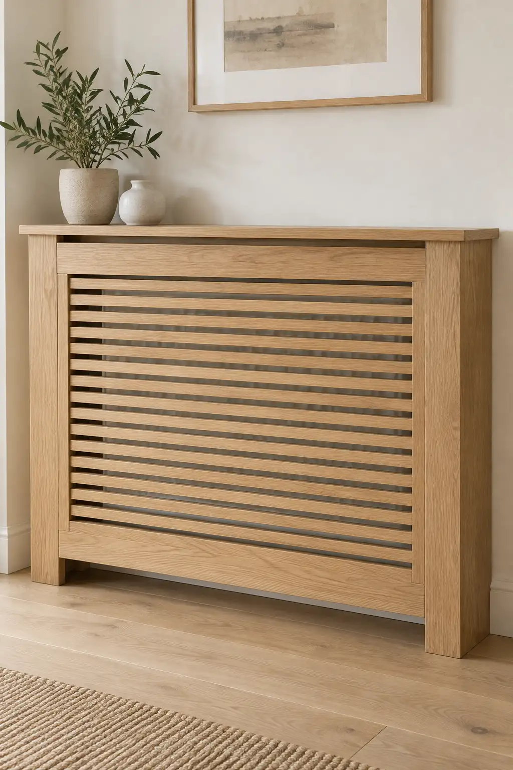 Natural oak Scandinavian-style radiator cover with horizontal ventilation openings, warm wood grain, and a minimalist design.