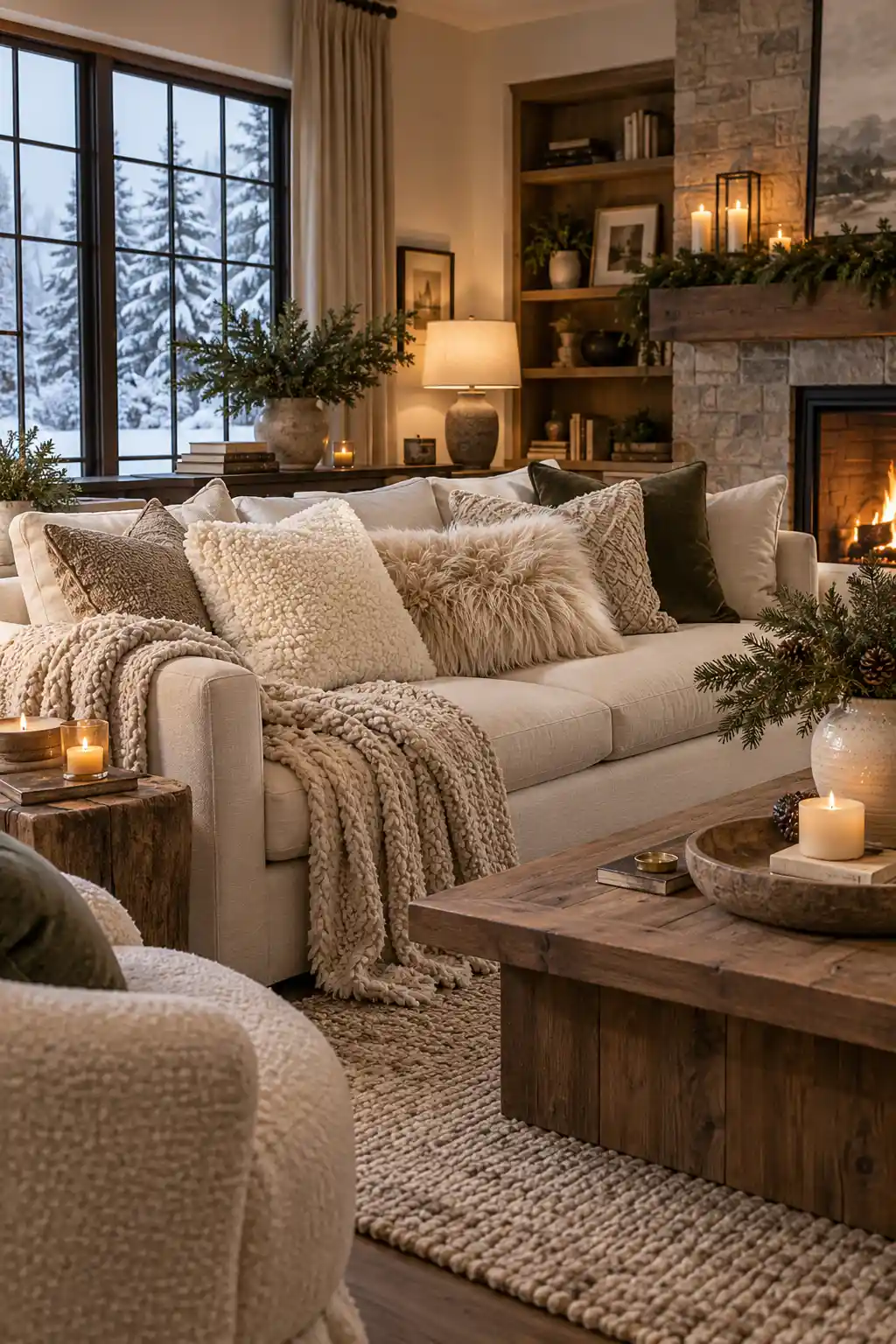Warm winter living room featuring a cream sofa decorated with soft faux fur and sherpa accent pillows, neutral cushions, a textured rug, and cozy ambient lighting.