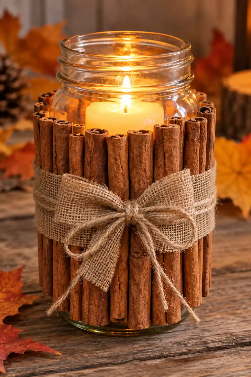 Mason jar wrapped with real cinnamon sticks and tied with natural jute twine and a burlap bow for a cozy fall decoration.