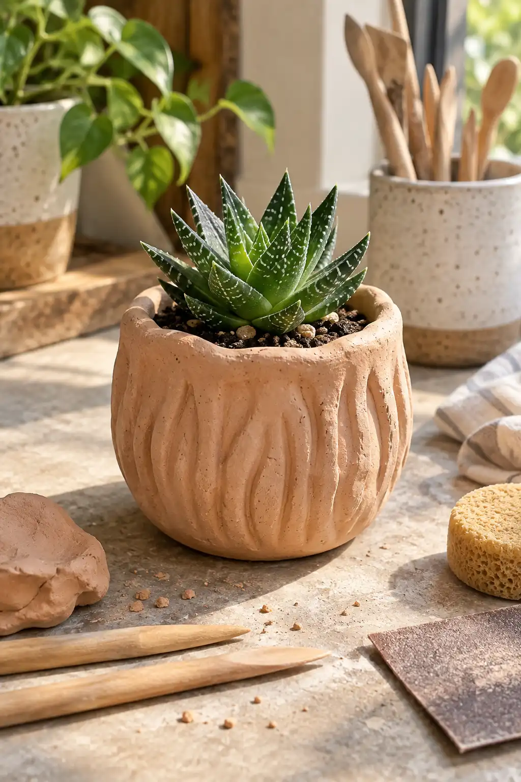 Handmade textured air dry clay pinch pot planter holding a small green succulent, showing an organic shape and natural clay texture.
