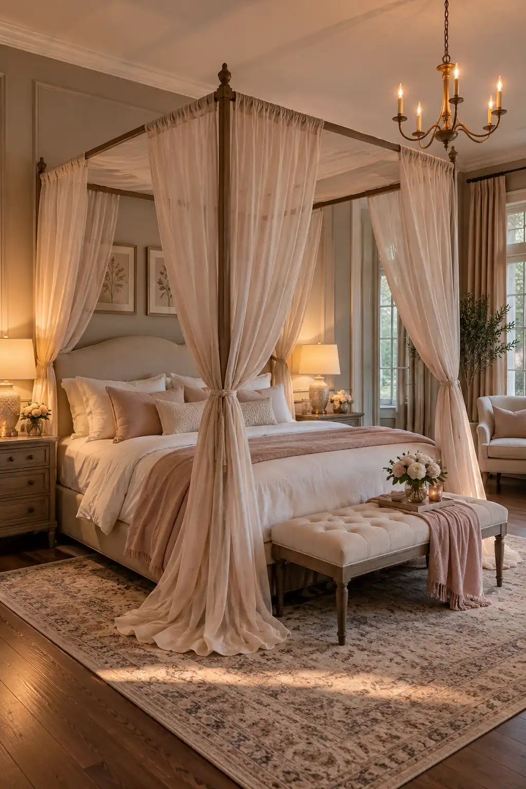 Dreamy romantic bedroom featuring a canopy bed surrounded by flowing sheer ivory drapes, soft neutral bedding, warm bedside lighting, flowers, and elegant decor.