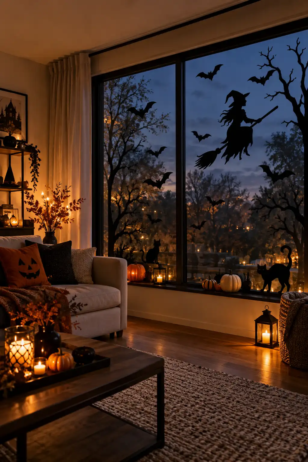 Halloween window decorated with removable black silhouettes of flying bats, a witch on a broomstick, and black cats, illuminated by evening light.