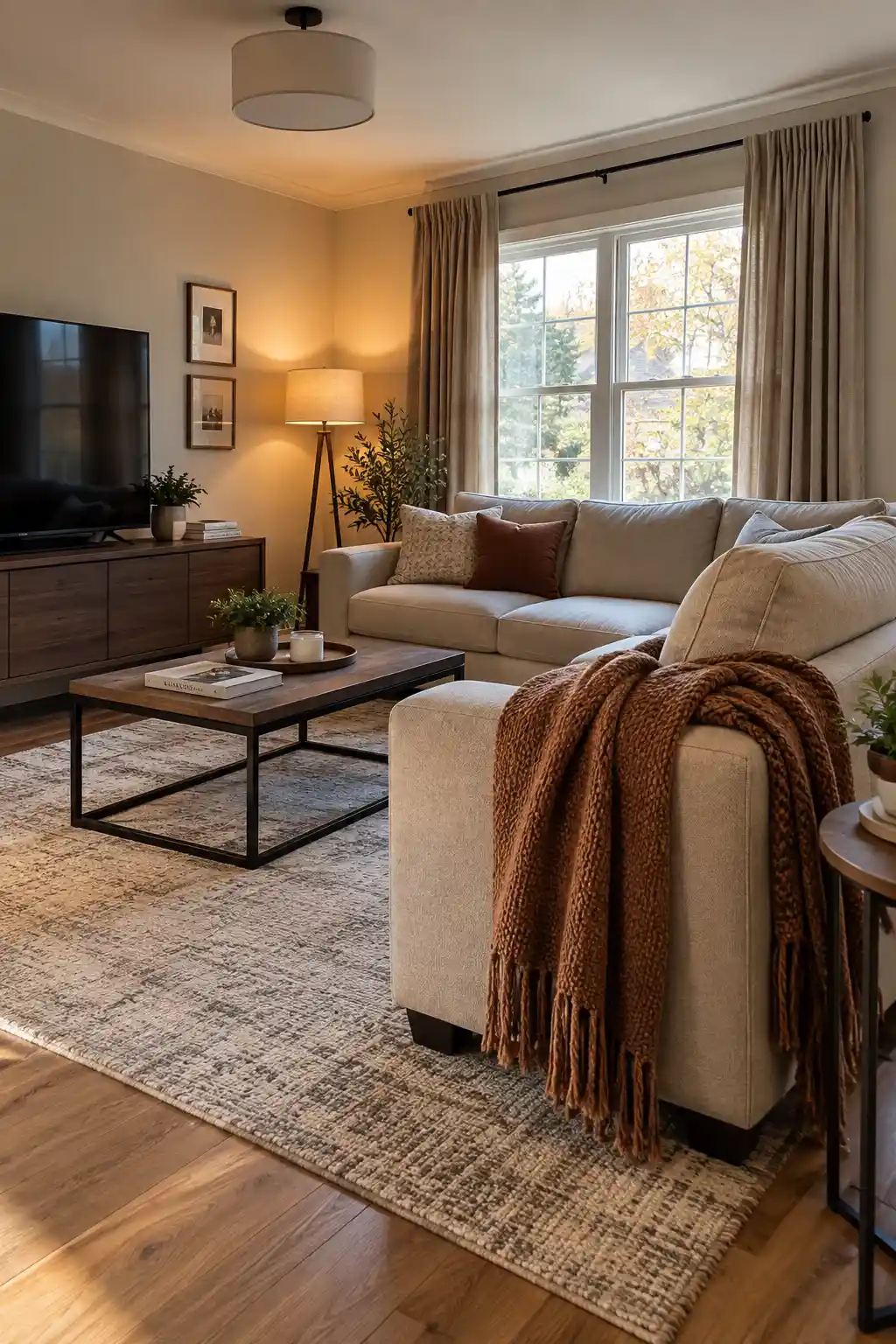 Realistic living room with a neutral sofa featuring one warm brown and beige blanket casually folded over the arm, creating a simple cozy fall atmosphere.