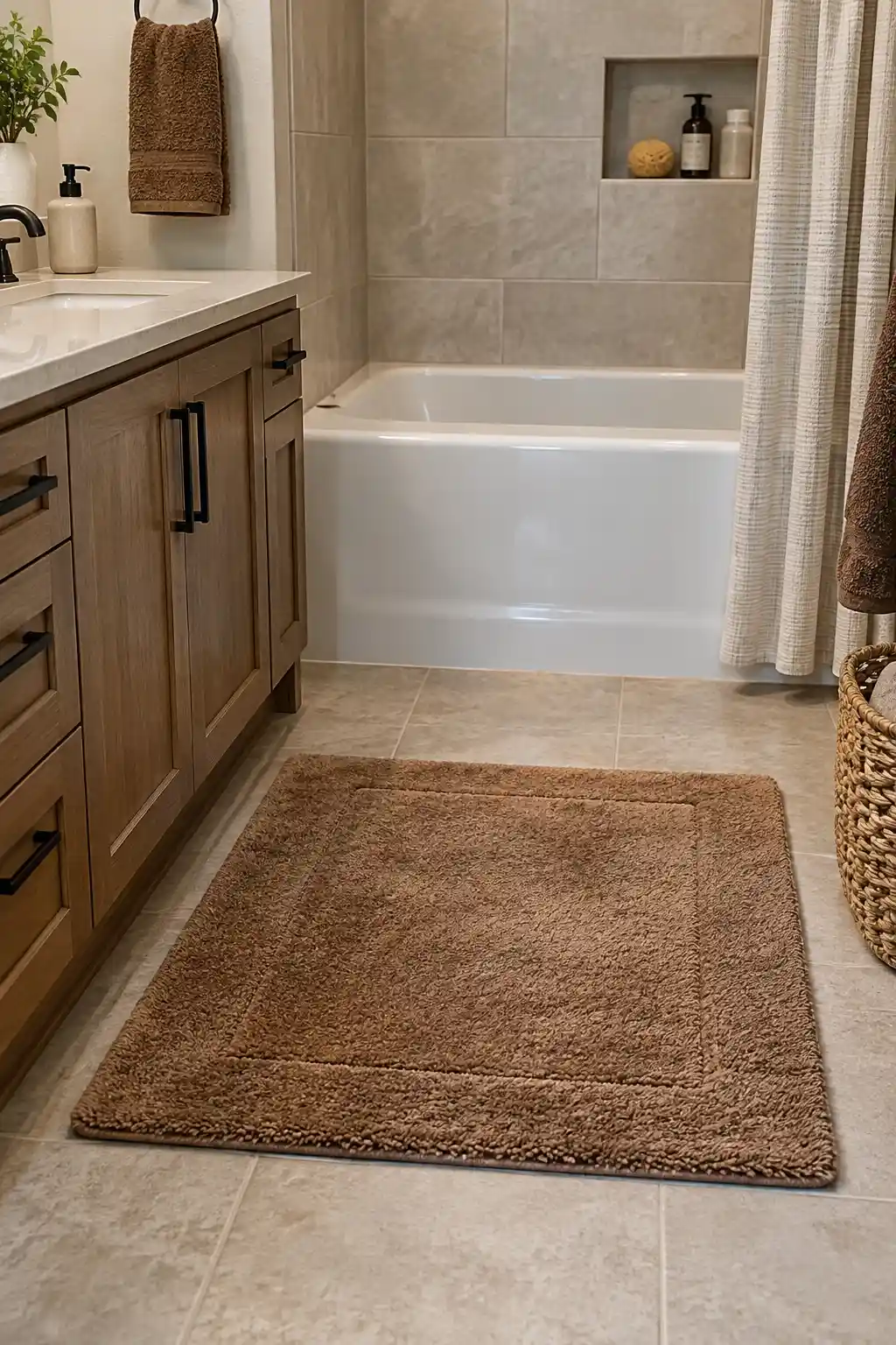 Realistic contemporary bathroom with a warm beige and brown bathmat placed in front of a white bathtub and vanity, creating a simple and inviting fall-inspired look.