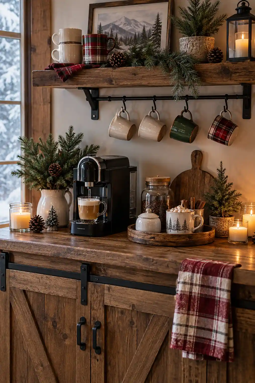 Rustic winter coffee bar styled with natural wood, red and cream plaid accents, cozy candles, ceramic mugs, evergreen branches, pinecones, and warm cabin-inspired decor.