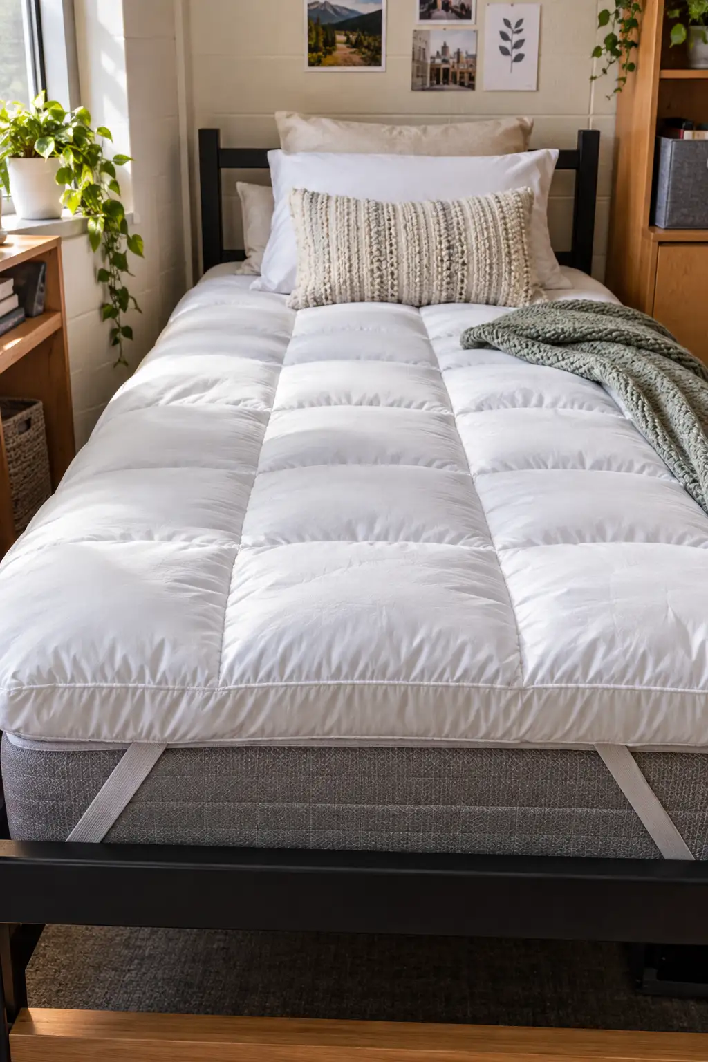 Plush mattress topper layered over a thin Twin XL dorm mattress, creating a softer and more comfortable sleeping surface for a college freshman.