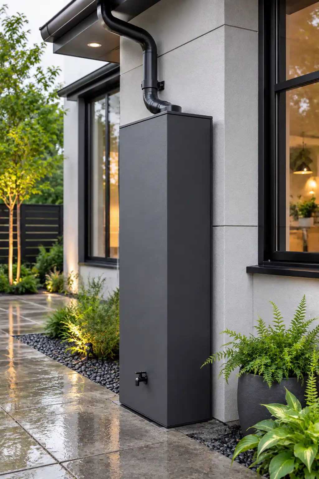 Tall slim rectangular charcoal rainwater collection tank beside a contemporary home, with a clean architectural shape, connected roof downspout, concrete landscaping, black-framed windows, and minimalist greenery.