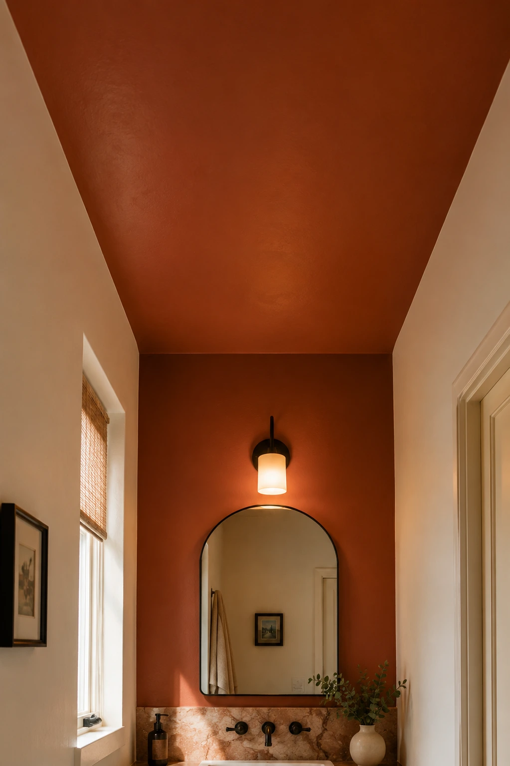 Small bathroom with a dramatic terracotta color-drenched ceiling that continues down an accent wall above a compact vanity and mirror.