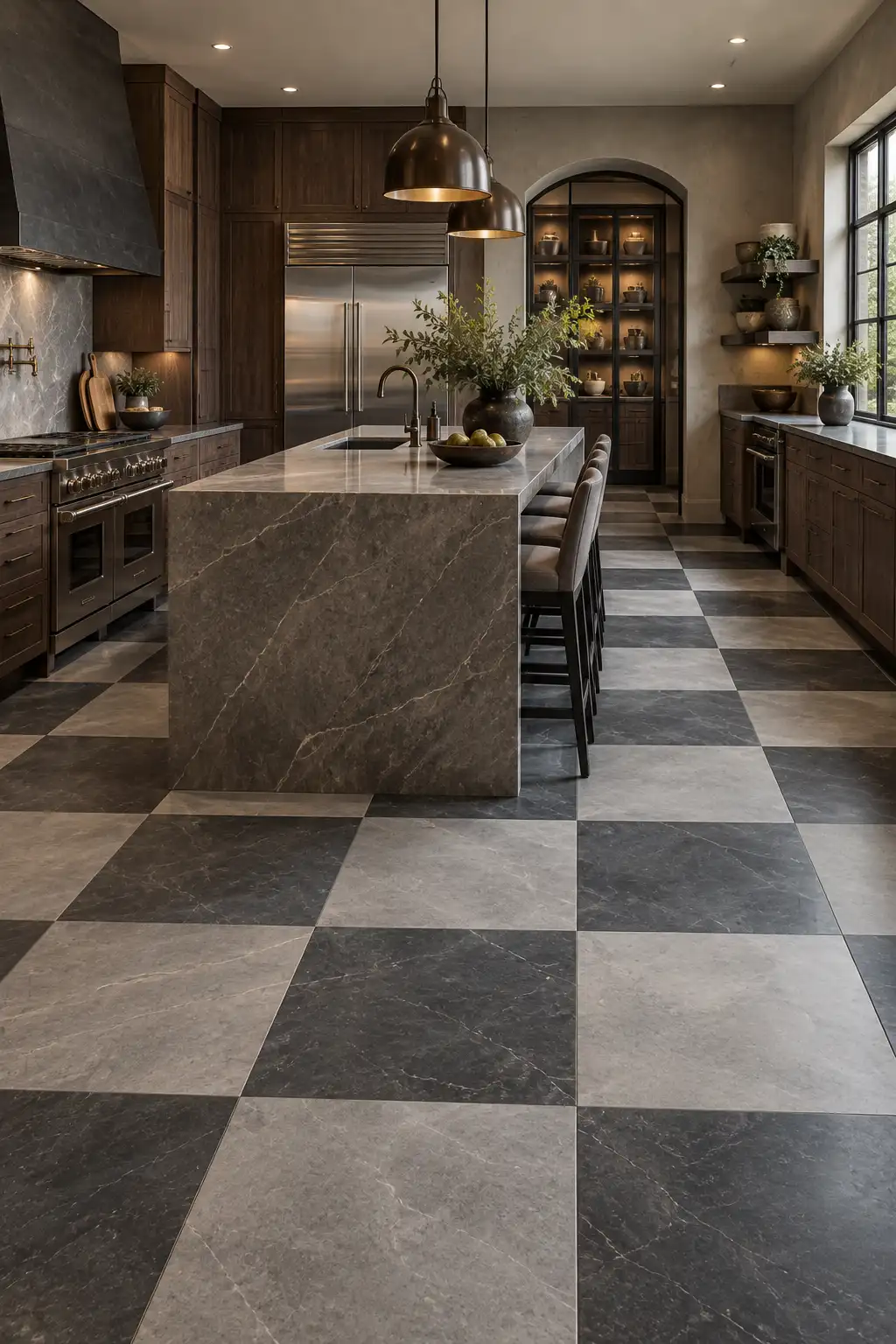 Large charcoal gray and pale gray checkerboard floor in a contemporary kitchen with rich walnut cabinetry, stone surfaces, brushed metal fixtures, minimalist lighting, and dramatic natural shadows.