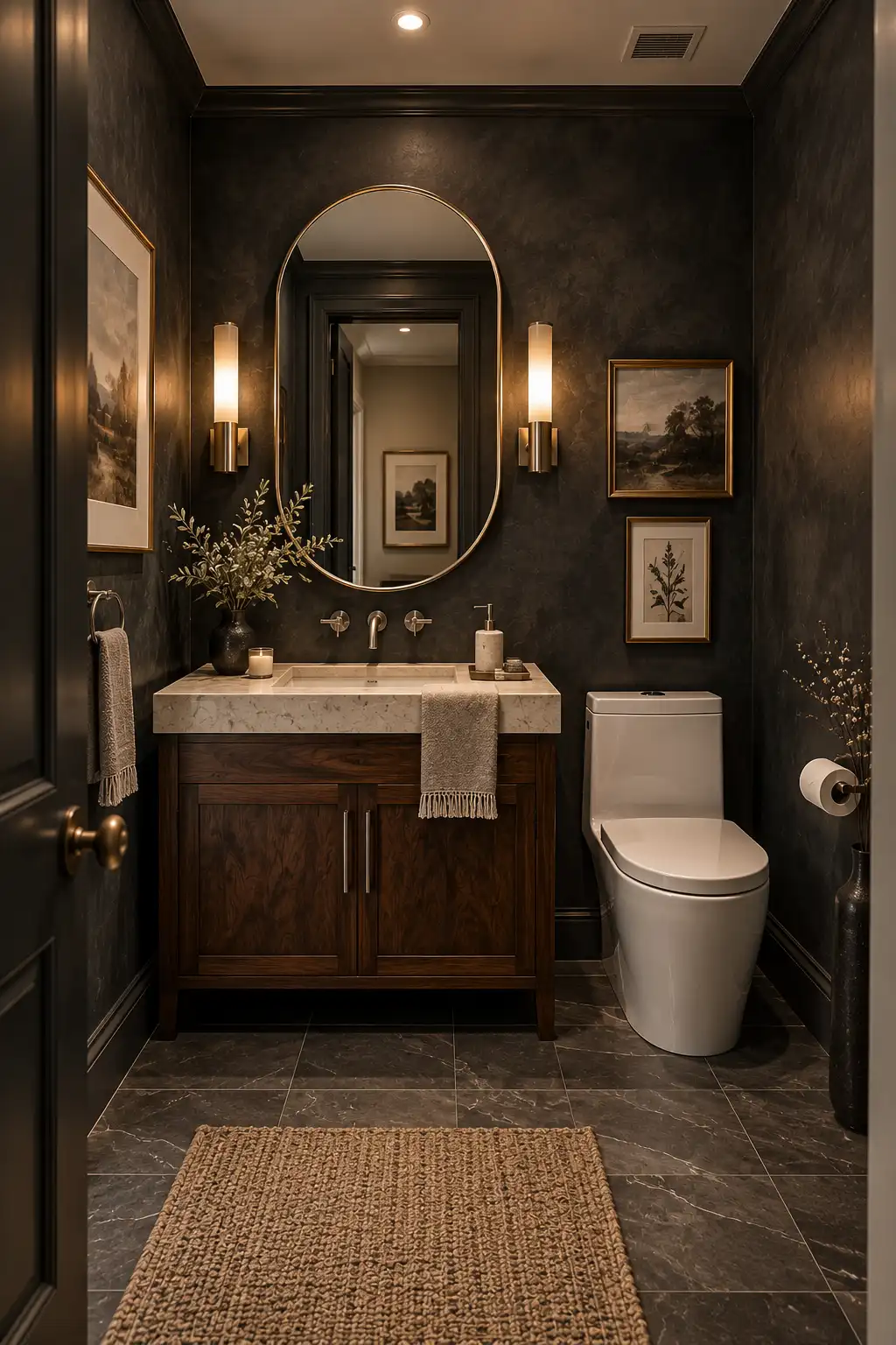 Dramatic charcoal powder room with dark gray textured walls, rich walnut vanity, light stone countertop, brushed nickel fixtures, sculptural mirror, warm sconces, and a modern white toilet.