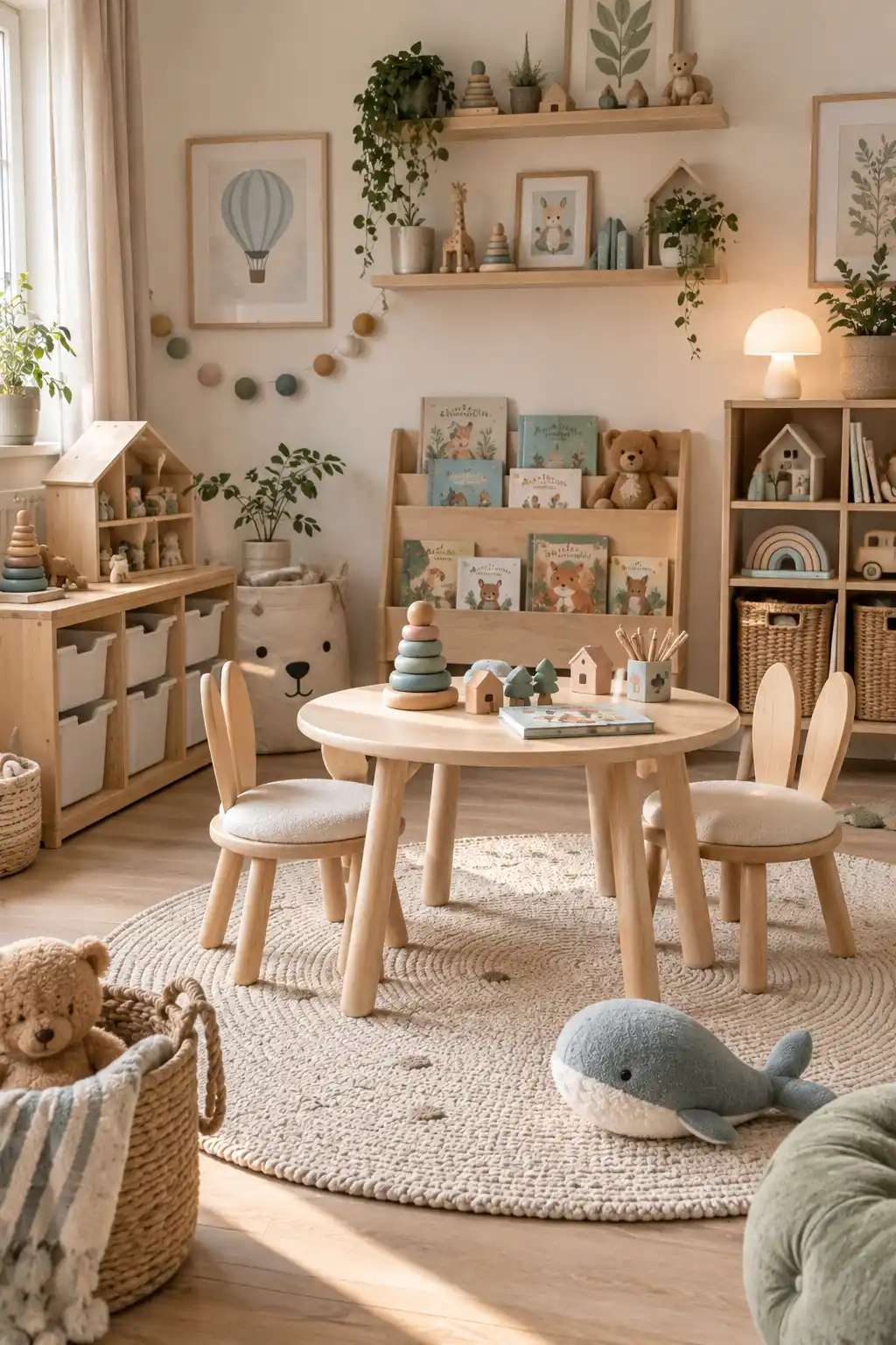 Scandinavian children's playroom with pale oak furniture, pastel accents, low toy storage, simple shelving, a round neutral rug, children's toys, and a calm minimalist design.