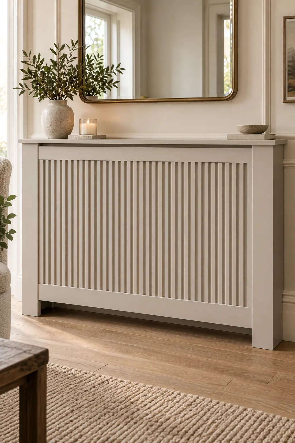 Elegant greige fluted radiator cover featuring vertical architectural grooves and a slim ledge beneath a wall mirror.
