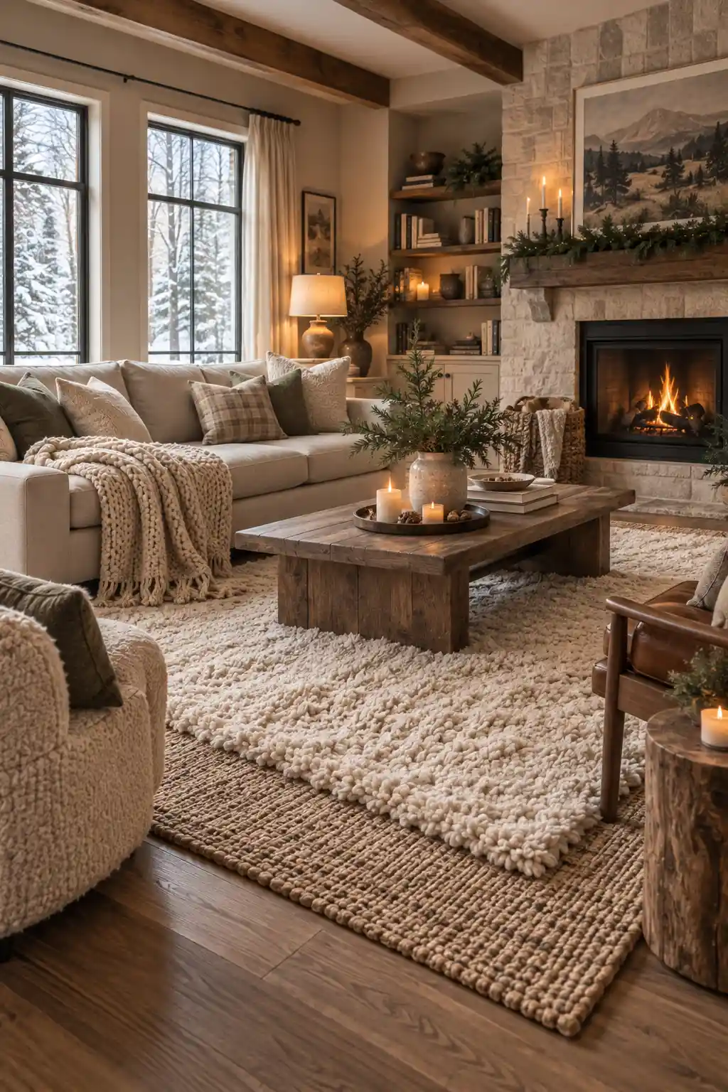 Cozy winter living room with layered area rugs beneath a neutral sofa and coffee table, combining a natural woven base rug with a thick cream wool rug for extra warmth and texture.