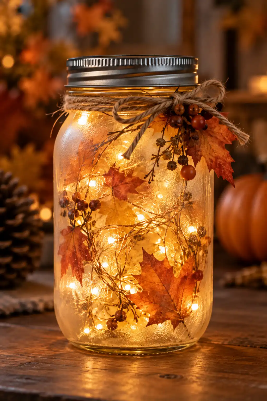 Frosted glass Mason jar filled with warm white fairy lights creating a glowing fall lantern decoration on a wooden tabletop.