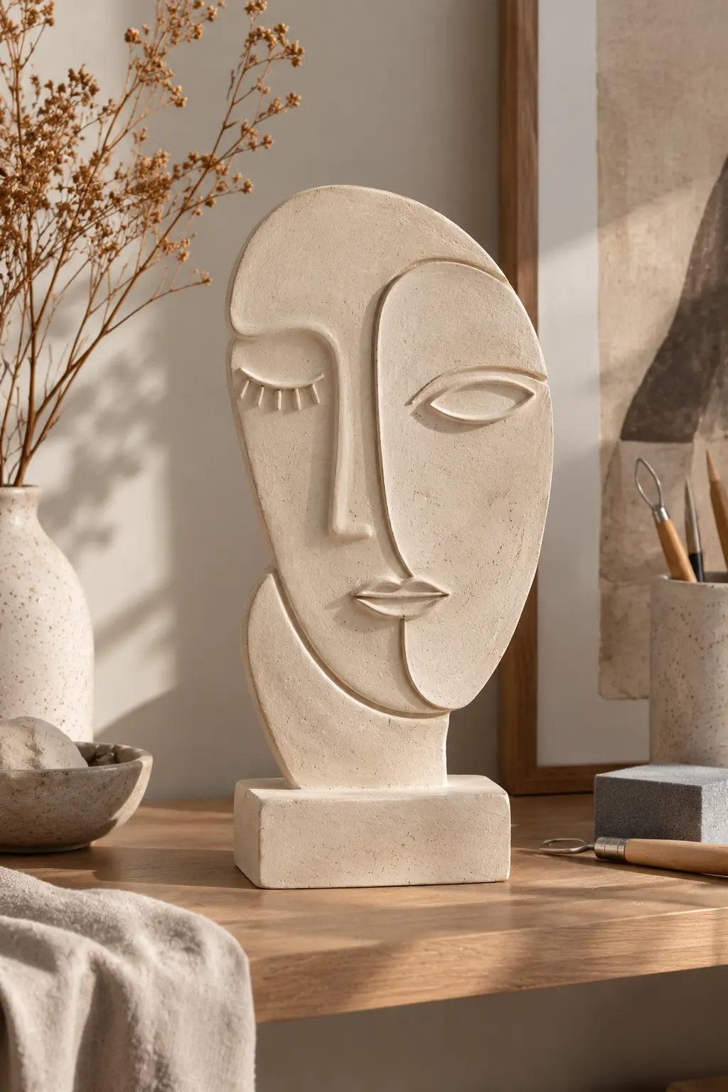 Minimalist handmade air dry clay abstract face sculpture with simple facial lines displayed as modern shelf decor on a neutral surface.