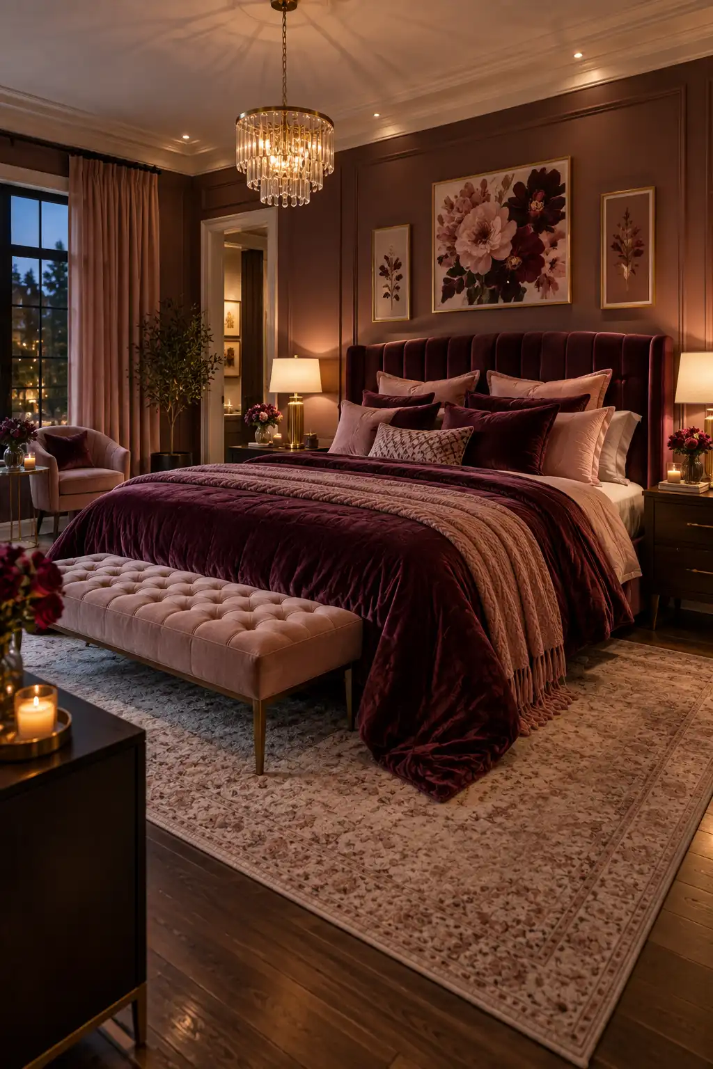 Elegant romantic bedroom with luxurious blush pink and deep jewel-tone bedding layered with plush pillows and a soft throw against a sophisticated upholstered headboard.